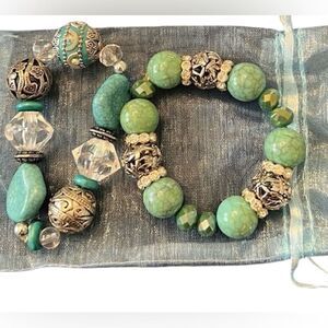 NWT Angelas Designs handmade Turquoise silver crystal & clear beaded bracelets